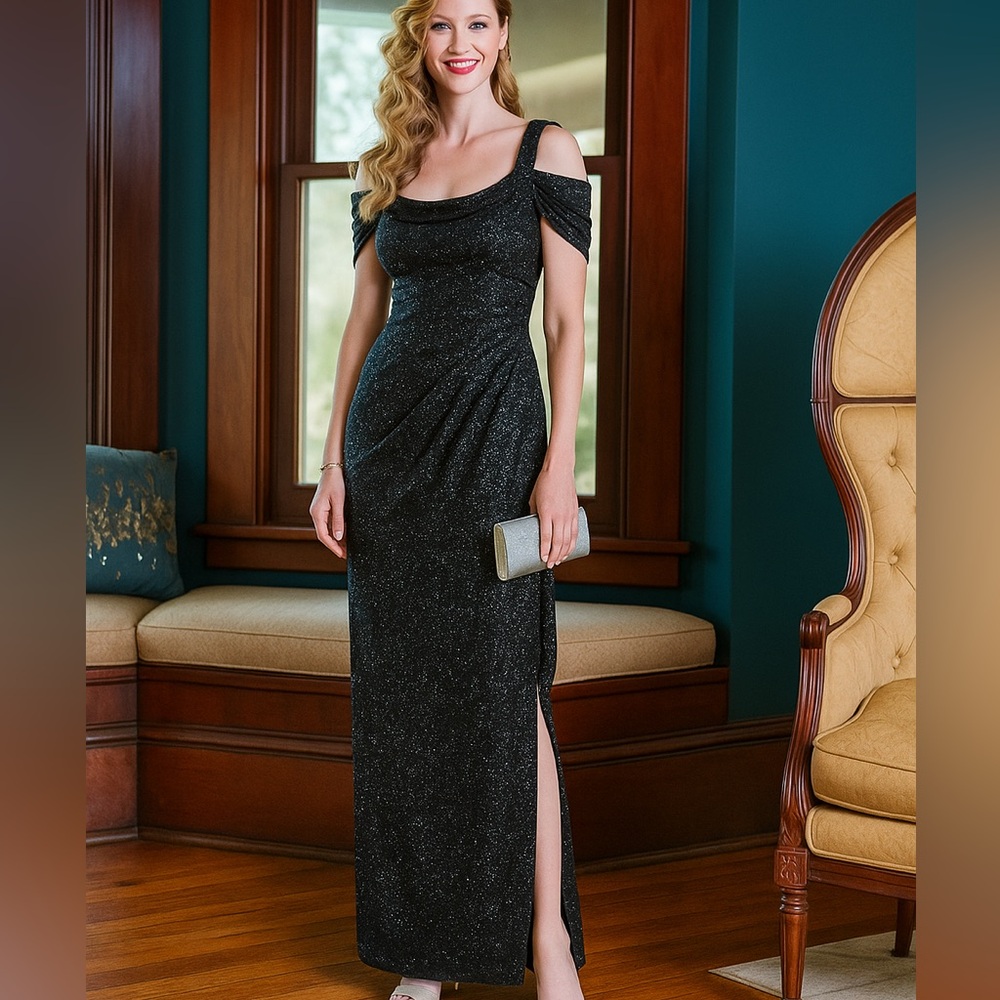 🆕 ✨Alex Evening Sz10 Sz14 Glitter Mesh Black Dress Draped Skirt Christmas Gown